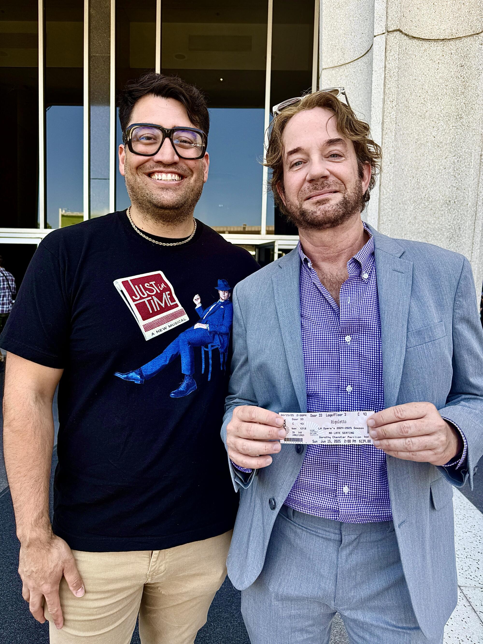 Gabe Acero, left, of South Pasadena and Sam Pancake of Jefferson Park at the Music Center in downtown Los Angeles