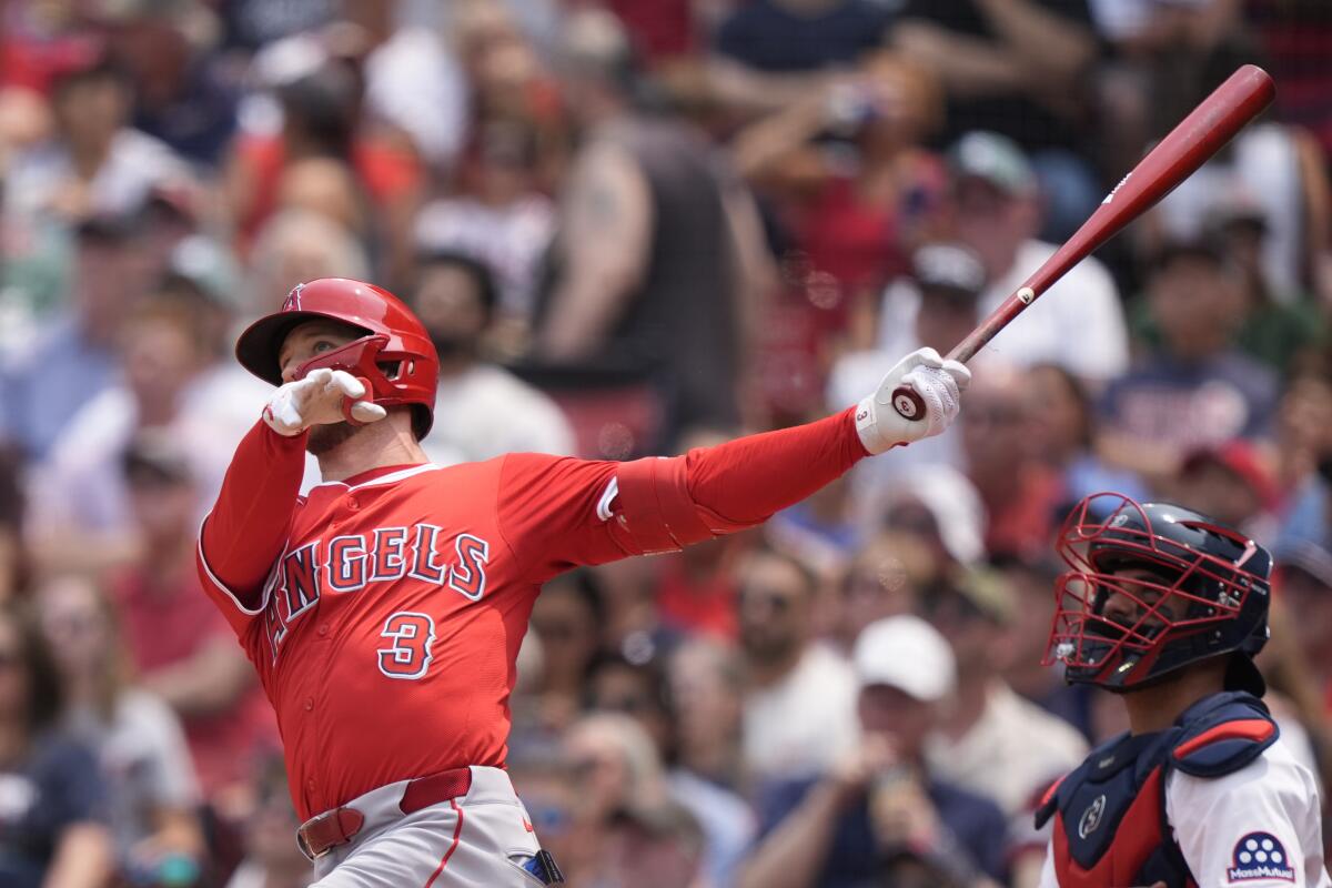 The Angels' Taylor Ward watches his three-run home run in the first inning of Wednesday's game against the Boston Red Sox.