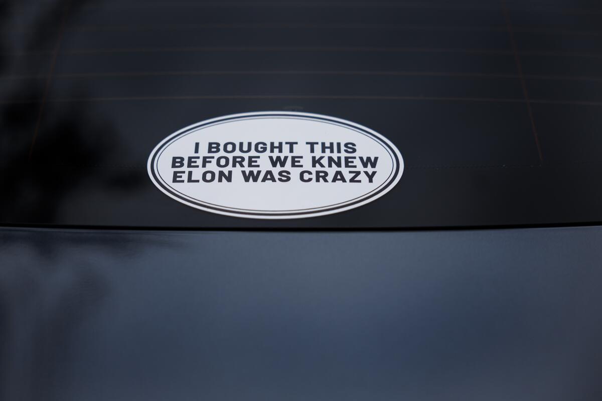 A bumper sticker on a Tesla says "I Bought This Before We Knew Elon Was Crazy"