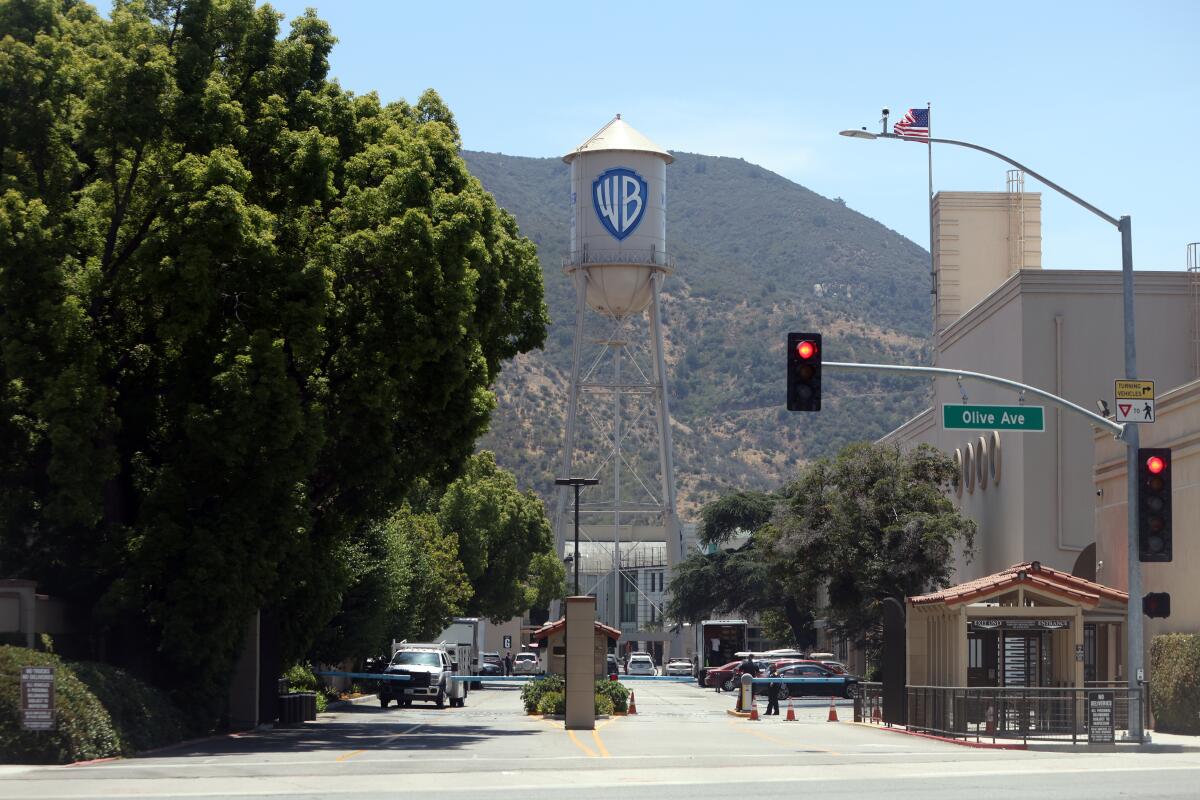 The Warner Bros Studio iconic water tower is seen from the street in Burbank