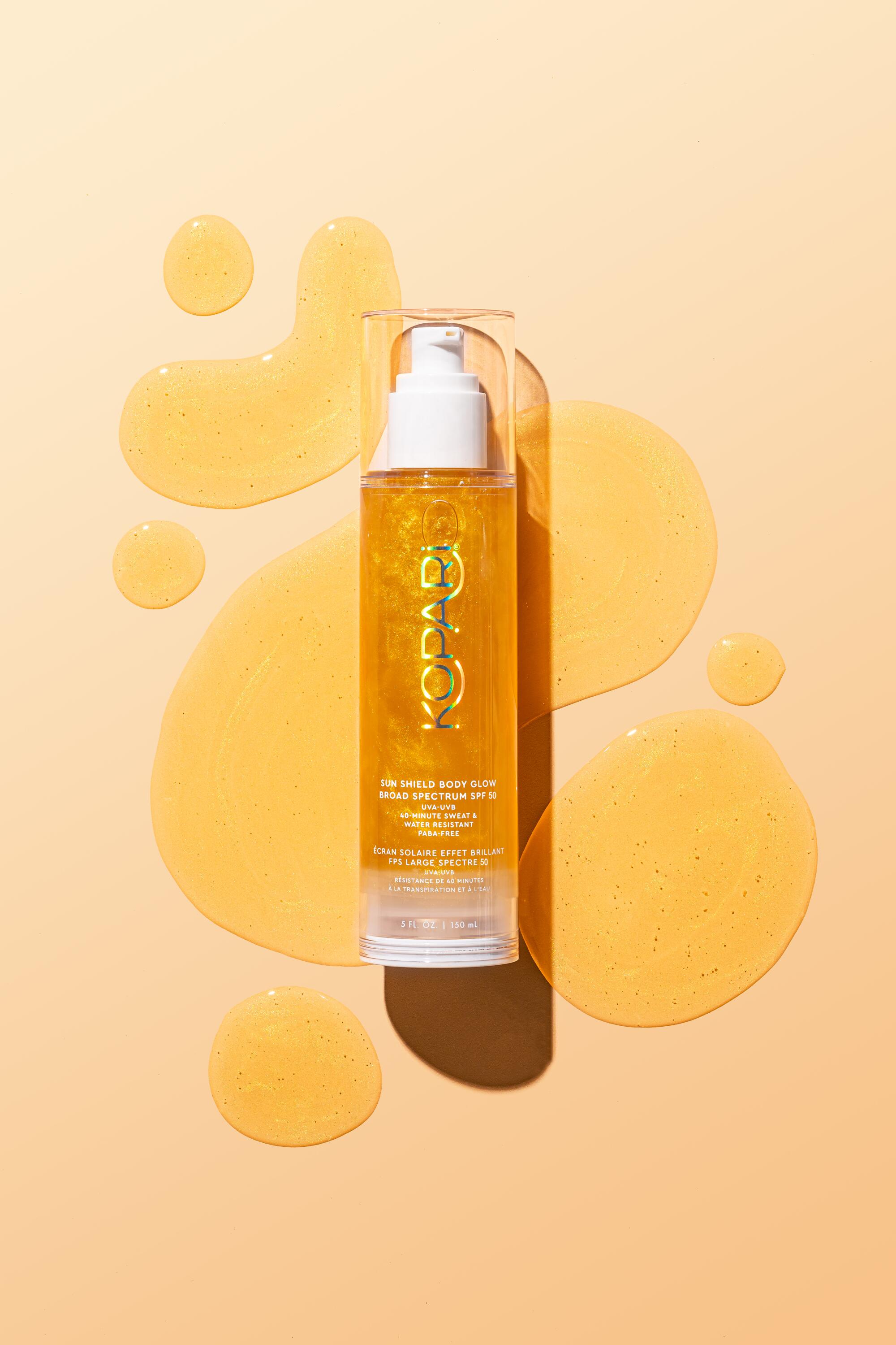 Photo illustration of Kopari Sun Shield Body Glow SPF 50 Broad Spectrum Sunscreen.