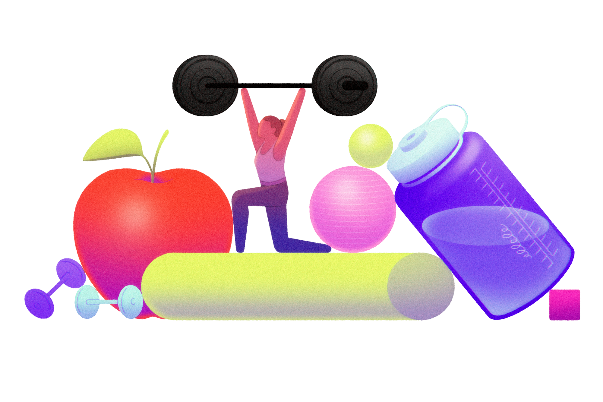 Illustration of a figure lifting weights in a group of fitness equipment and an apple