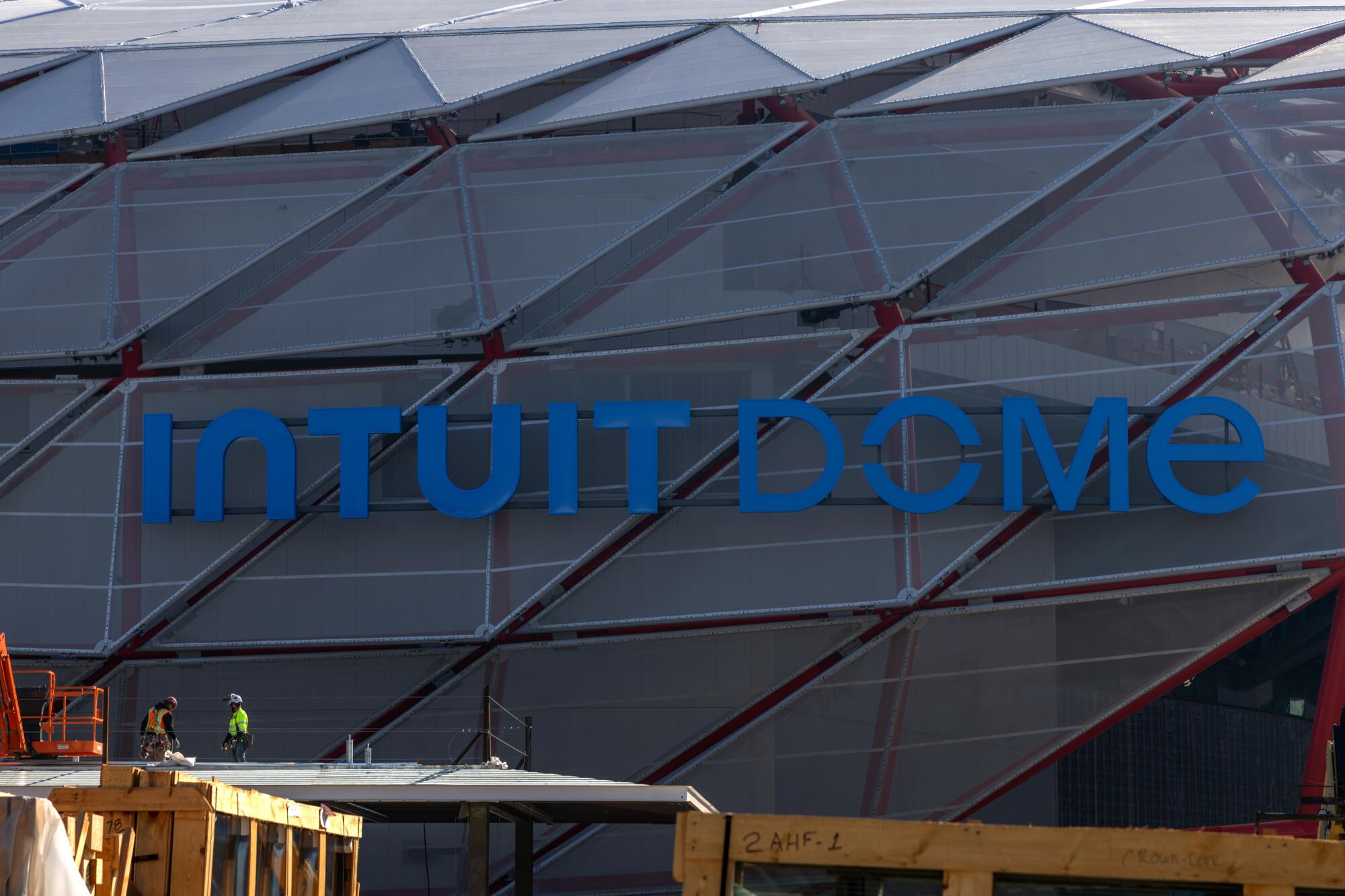 Construction continues on the Intuit Dome, the Clippers' nearly $2-billion arena, in Inglewood.