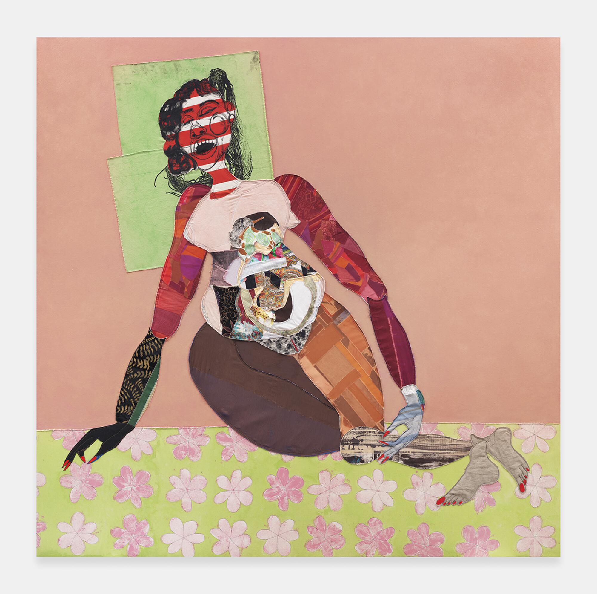 Tschabalala Self, “Dream Girl,” 2025, acrylic paint, oil paint, oil pastel, fabric, colored pencil, thread, painted canvas