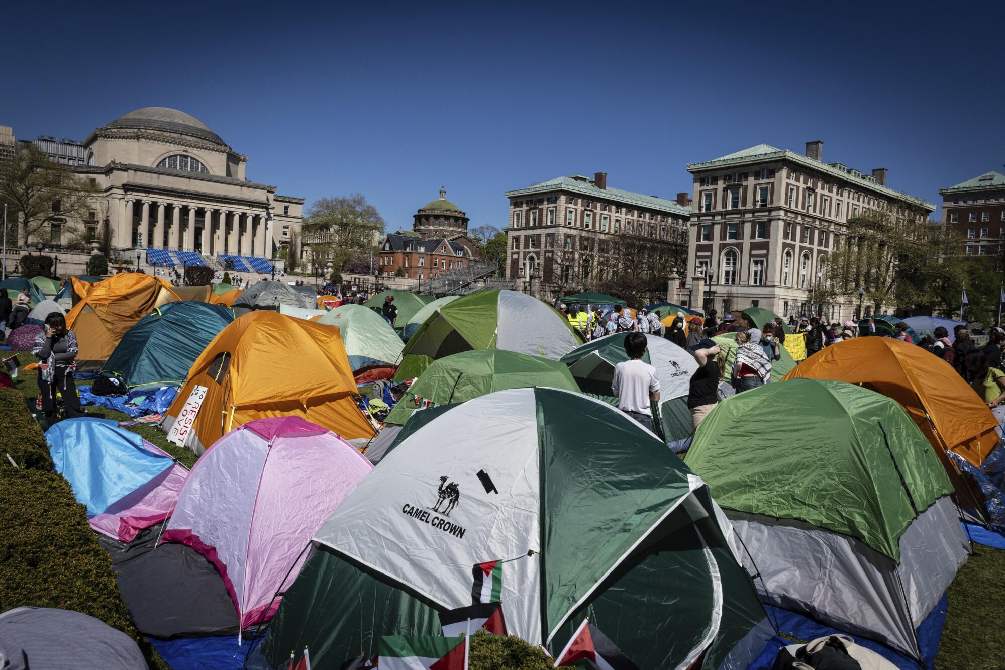 Camping tents at Columbia University, with campus buildings in the background