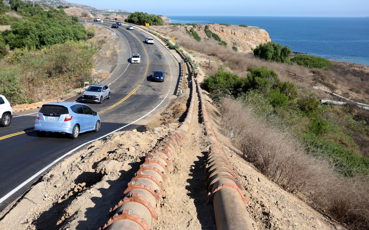 Cars make their way along Palos Verdes Drive South.
