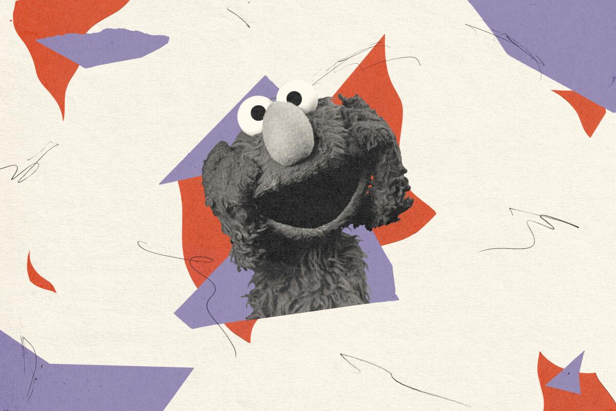 collage featuring Elmo from Sesame Street with his mouth open and his hands on his face.