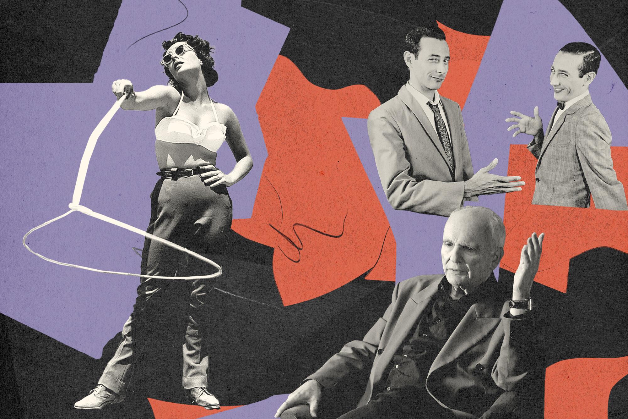 Collage blending portraits of Elizabeth Taylor, David Chase, and Pee-wee Herman in a stylized, artistic composition.