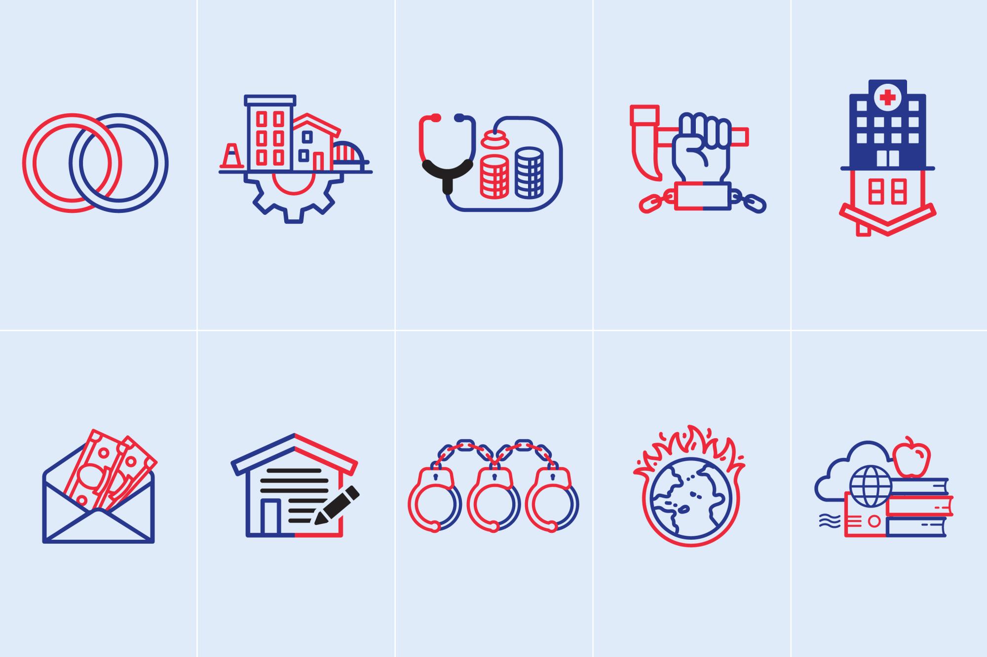 Ten ballot proposition logos in red, white and blue in a grid